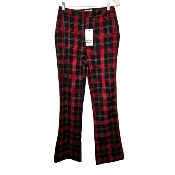 UNIQUE VINTAGE Red Plaid Pants Flare Small Metallic Festive Holiday Stretch - Picture 1 of 10